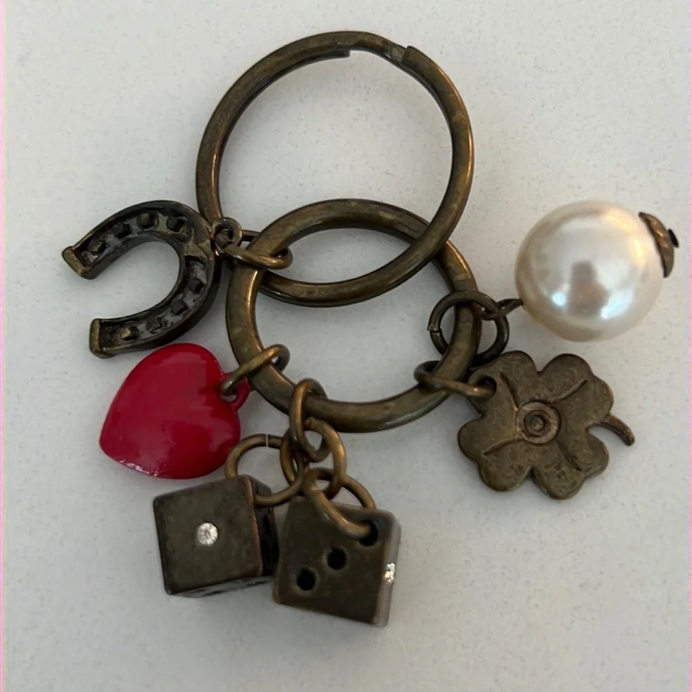 NWOT NINE WEST Brass tone keychain with 6 good luck charms​ pearl heart clover